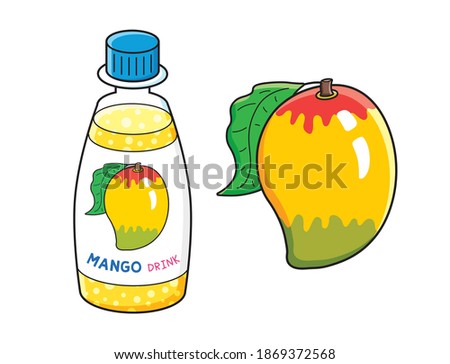 Mango fruit and juice or smoothie cocktail drink bottle isolated cartoon vector