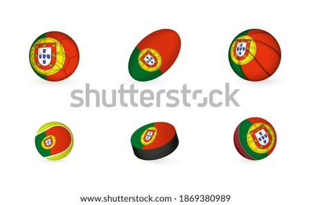 Sports equipment with flag of Portugal. Sports icon set of Football, Rugby, Basketball, Tennis, Hockey, Cricket.