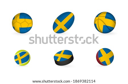 Sports equipment with flag of Sweden. Sports icon set of Football, Rugby, Basketball, Tennis, Hockey, Cricket.