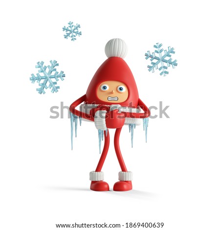 3d render. Funny frozen Christmas toy with snowflakes, seasonal clip art isolated on white background. Red cap with white pom-pom mascot. Cute little santa helper.