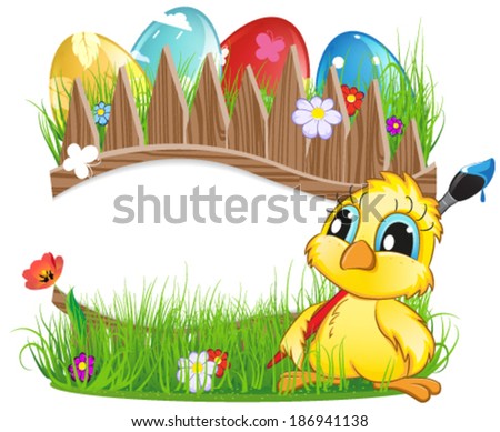 Chicken with brush and colorful Easter eggs in the meadow. Easter background