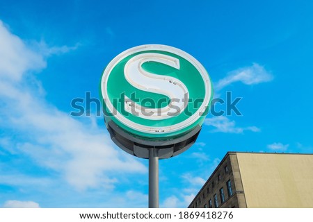 S-Bahn Rail Train Green Sign on a blue background