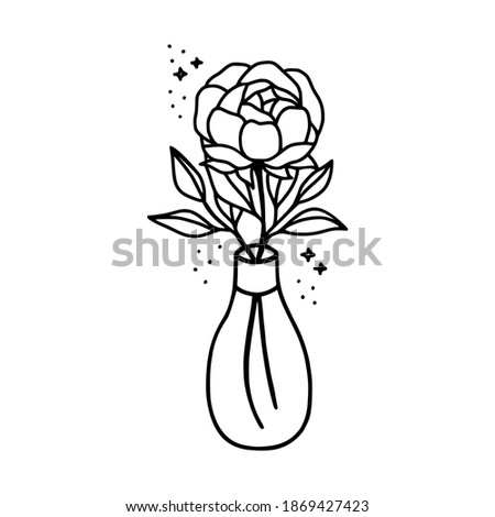 Hand drawn botanical rose flower, peony, bottle, jar, vase, leaf branch black line art element for icon, logo, symbol, wedding invitation card, beauty product, feminine brand, and template decoration