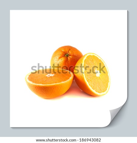Ripe orange with two sliced halfs isolated on white background. Fresh diet citrus fruit (health). Healthy fruit with vitamins.