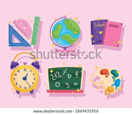back to school, blackboard globe ruler books and clock icons vector illustration