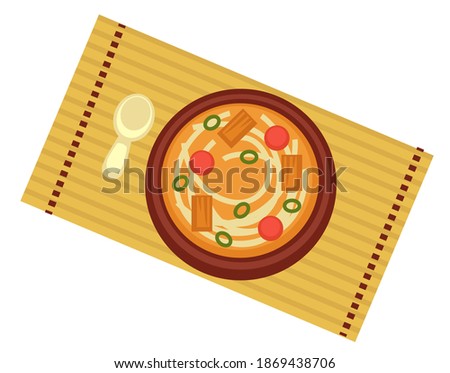 Chinese and japanese cuisine, restaurant food served on table in bowl. Ramen or noodle soup with vegetables and natural ingredients. Cooked thai dish in diner. Homemade meal. Vector in flat style