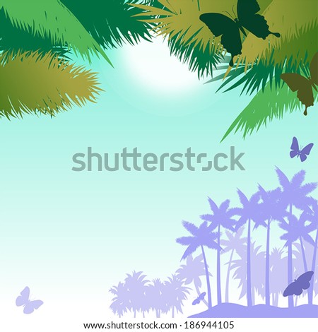 Tropical vector background with butterflies, palm trees, sky and sun 