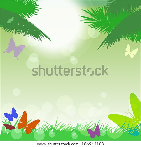 Vector tropical background with colorful butterflies, palm trees, grass and bubbles 