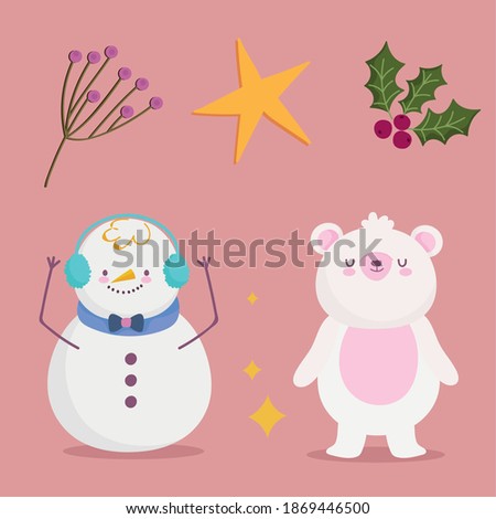 merry christmas, snowman bear holly berry and star icons design vector illustration