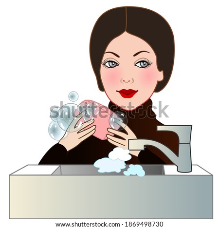 emoji with beautiful elegant woman washing her hands with soap, color vector clip art on white isolated background
