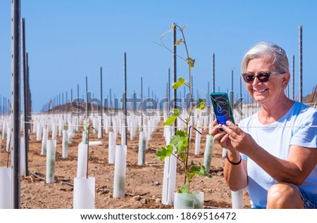 A senior farmer woman controlling carefully the sprouts of the new vineyard smiling happily and making a photography - active retired elderly people with white hair  in countryside