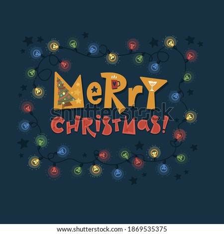 Merry Christmas Fairy Lights. Stars Christmas Tree and Mug. Doddle Retro Poster Season's Greeting. 