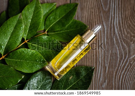Natural oil serum in a glass bottle with a pipette and fresh green leaves on a wooden background. Oil serum for the face. Skin care for beautiful and healthy skin. Skin care cosmetics.