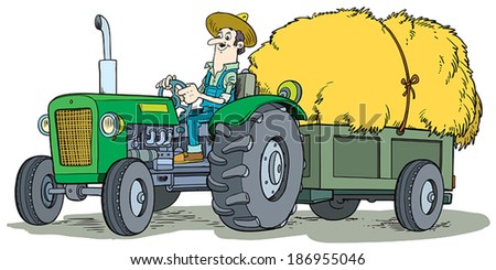 Farmer driving tractor with grass.