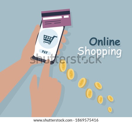 payment by credit card over a wireless connection smartphone. purchase of goods online store electronic money, credit wallet in your mobile.  Safe and fast payments. The concept of online shopping.