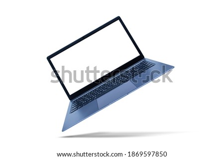 Slim modern laptop with white screen mockup on white background with shadow