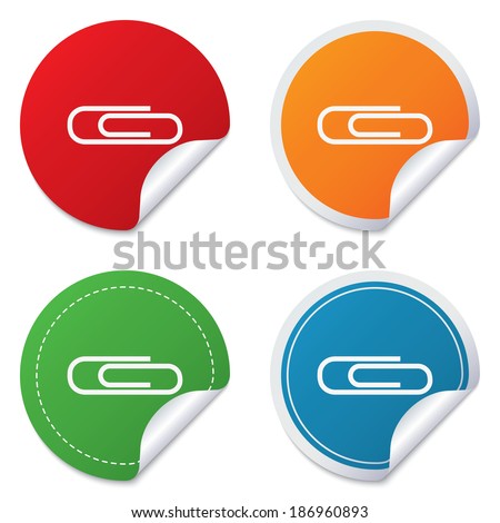 Paper clip sign icon. Clip symbol. Round stickers. Circle labels with shadows. Curved corner. Vector