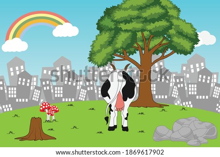 cow in the town, simple vector illustration