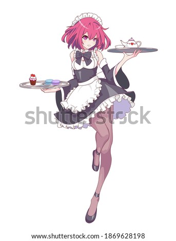 Anime manga girl dressed as a maid. Waitress with a tray of sweets. Vector illustration Royalty-Free Stock Photo #1869628198