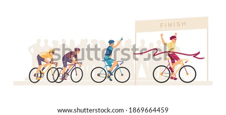 Racing bicyclists people on bikes. Marathon finish. Group sportsmen cyclists on home stretch. Ribbon breaker winner. Cyclists racing bike winner cross finish line. Winning champion concept vector