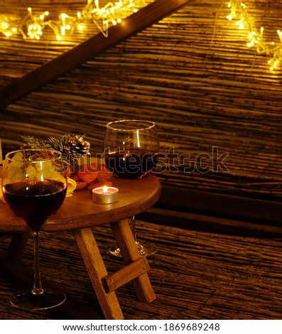 Wine in glasses. Romantic evening. Space for text