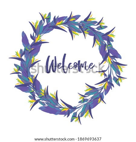 Clipart wreath with tropical flowers and leaves on white background. Flat botany set for banner with lettering Welcome