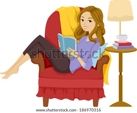 Illustration of a Girl Reading a Book While Reclining on a Chair