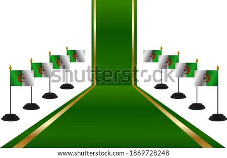 Algeria flag on a chrome flag pole and luxury carpet isolation over white background, Template for independence day poster design
g, Vector