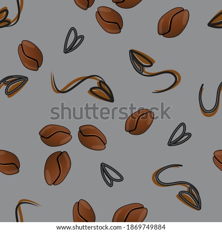 Seamless pattern. 
On a gray background coffee beans are randomly placed in the shape of hearts and notes. Packaging with a repeating texture.