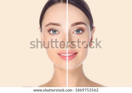 Female face before and after coloring and styling eyebrows on beige background Royalty-Free Stock Photo #1869753562