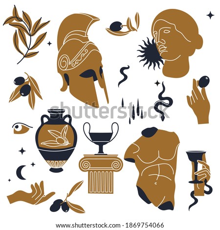 Vector illustration of bundle antique signs and symbols - statues, olive branch, amphora, column, helmet. Ancient greek or roman style elements. Seamless pattern Royalty-Free Stock Photo #1869754066