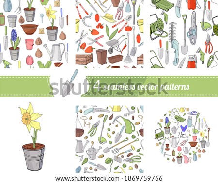Seamless patterns with garden gadgets and vegetables. 
