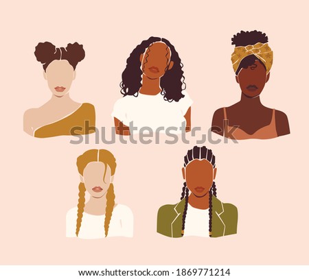 Vector abstract woman portraits. Girls face with stylish haircut on the pink isolated background. Beauty logo.