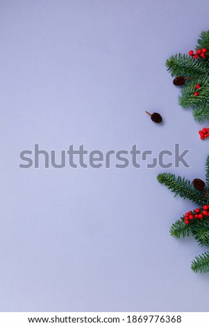 Christmas tree branches and festive decors over purple paper background