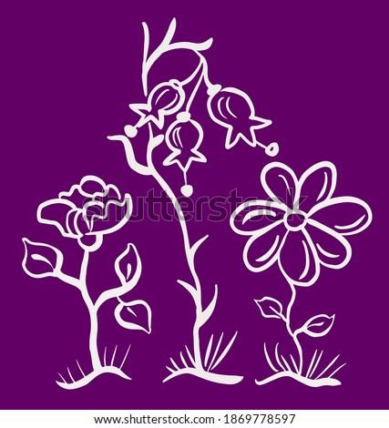 Three hand drawn contour flowers, bell, rose, daisy,  isolated contours eps10 vecror illustration.