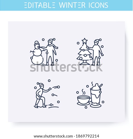 Winter fun line icons set. Outdoors activities, snow plays, winter holidays. Recreation and leisure concept. Christmas mood. Isolated vector illustration. Editable stroke 