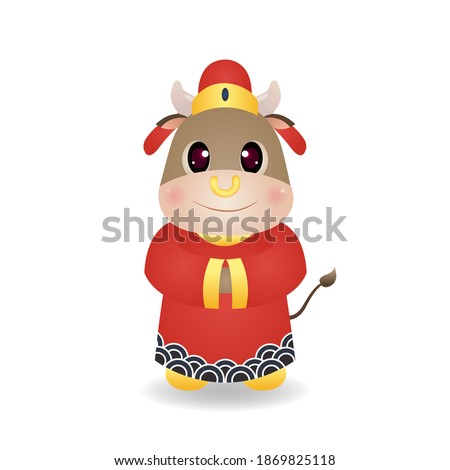 Cute ox in Chinese style costume. Chinese new year greeting clip art. Cartoon character vector isolated on white.
