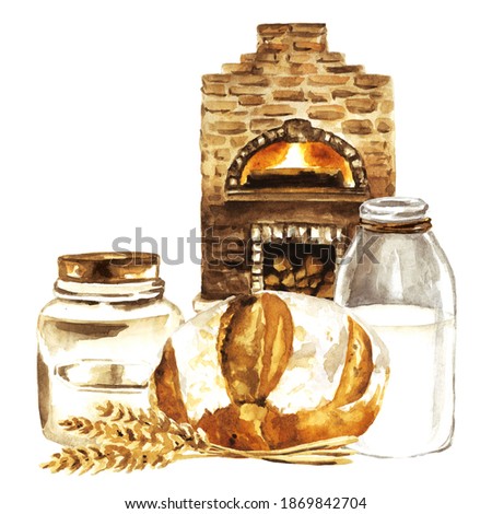 Fresh homemade bread watercolor illustration. Hand drawn baking objects isolated on white background: artisan white bread, milk bottle, flour ceramic jar, wheat ears, stone oven with fire. Bakery art.