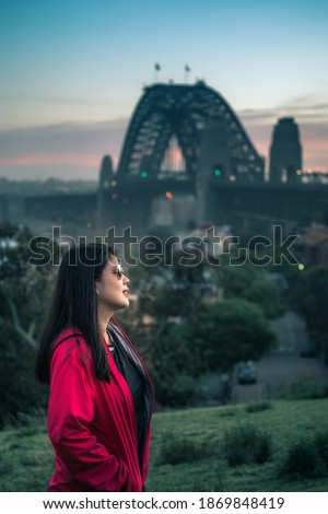 Traveller visit around Sydney harbour bridge at Australia. Landscape of CBD at Sydney harbour bridge from Sydney observatory viewpoint. Aerial view of high building at New South Wales , Australia