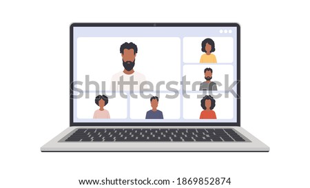 Online conference. Application window for video communication. Modern glossy laptop with white screen. Isolated over white background. Vector eps10