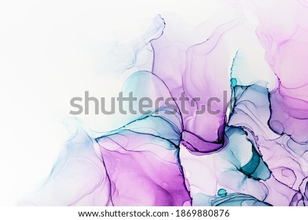 Closeup of purple and turquoise alcohol ink abstract texture, trendy wallpaper. Art for design project as background for invitation or greeting cards, flyer, poster, presentation, wrapping paper
