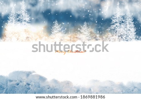 Frozen winter forest with snow covered trees. outdoor. Happy New Year and Merry Christmas