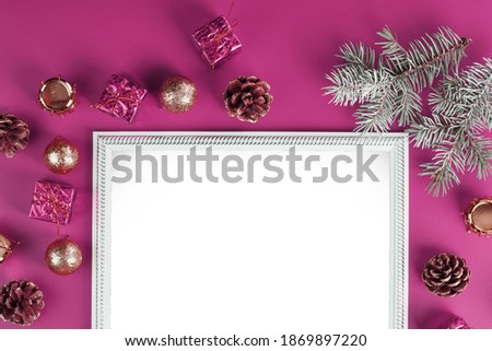 Layout of greeting cards with free space on a pink background with their Christmas decorations.