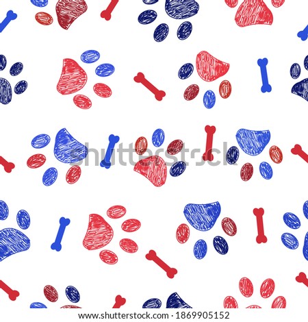 Doodle blue and red paw prints and bones seamless pattern