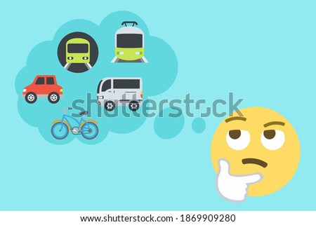 thinking face with thought bubble and bicycle,car,bus,metro and tram icons on light blue background,transportation concept vector illustration