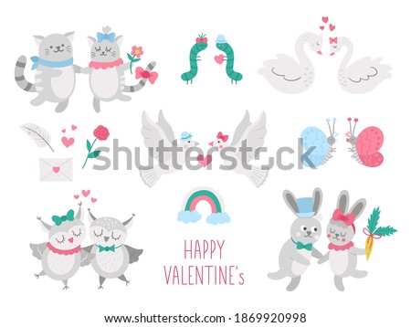 Vector collection of cute animal pairs. Loving couples illustration. Love relationship or family concepts set. Hugging swans, cats, rabbits, owls, doves, caterpillars. Valentine’s day characters pack