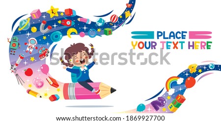 Funny Kid Flying On Colorful Pencil Royalty-Free Stock Photo #1869927700