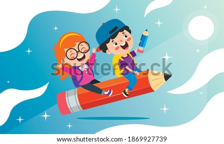 Funny Kid Flying On Colorful Pencil Royalty-Free Stock Photo #1869927739