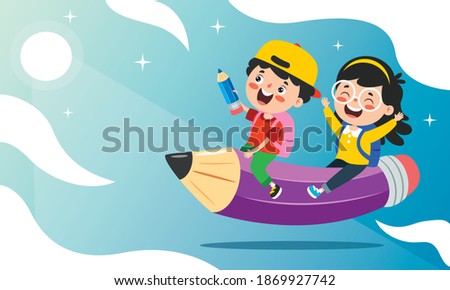 Funny Kid Flying On Colorful Pencil Royalty-Free Stock Photo #1869927742