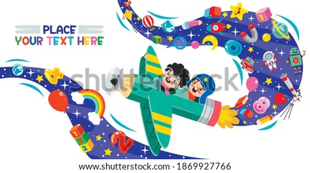 Funny Kid Flying On Colorful Pencil